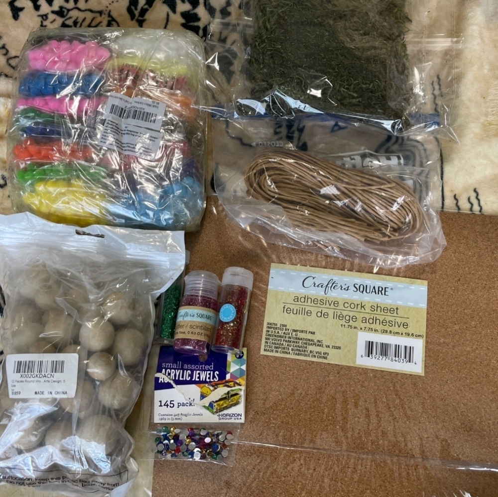 Large Assortment Of Craft Supplies Glitter Pom Poms Floral Moss Jewels